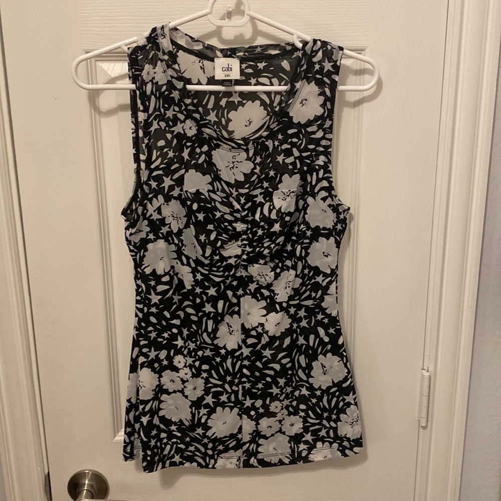 Cabi Sheer Ruched Black Floral Pattern Tank